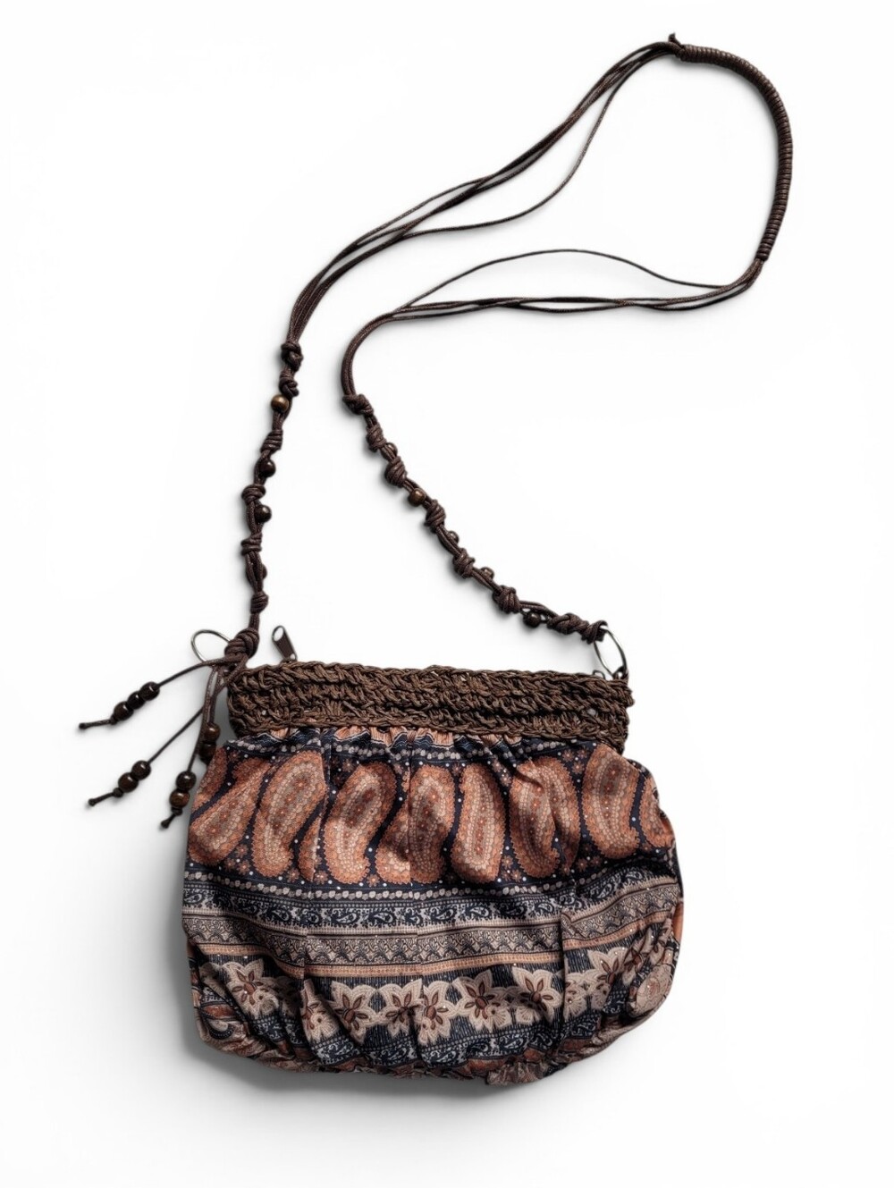 Y2K Boho Paisley Bag With Beaded Macrame Trim And Strap Brown Pink